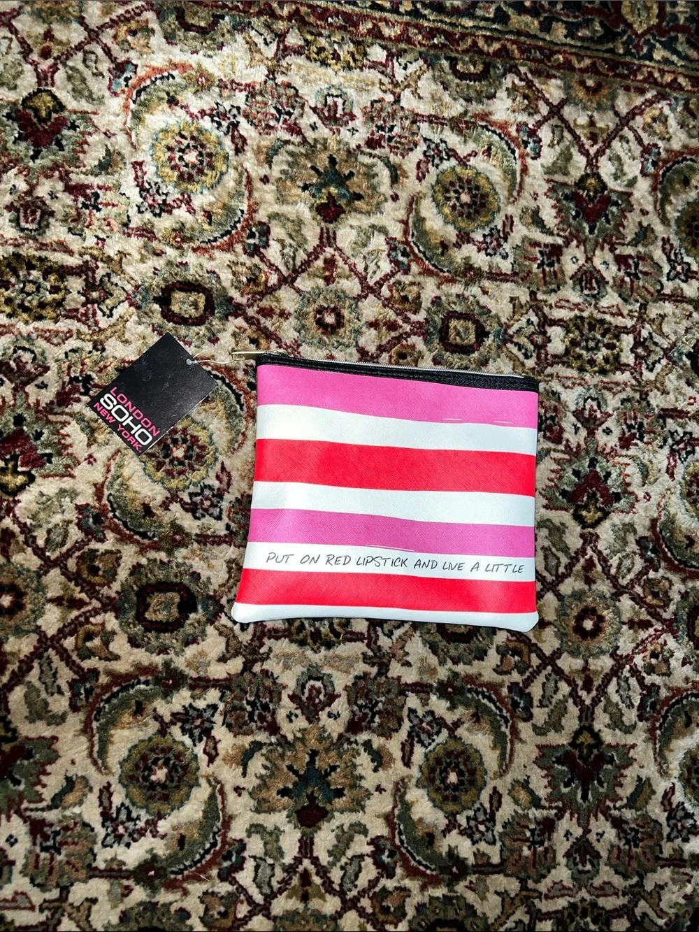 Soho Pink & Red Striped Zip Pouch “Put on Red Lipstick and Live Alittle”
